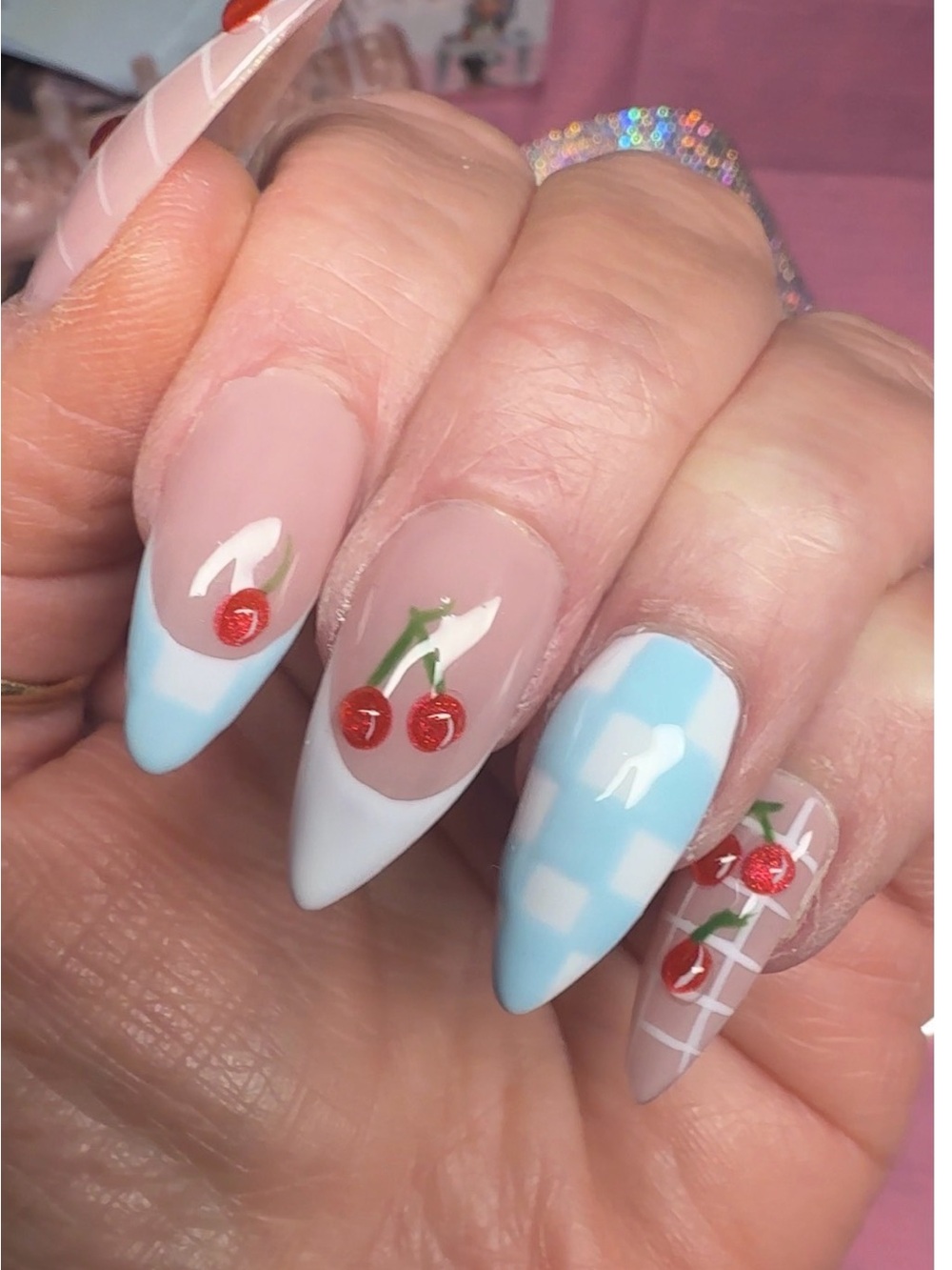 Cherry Accent Stiletto Nails in Pastel Blue & Nude